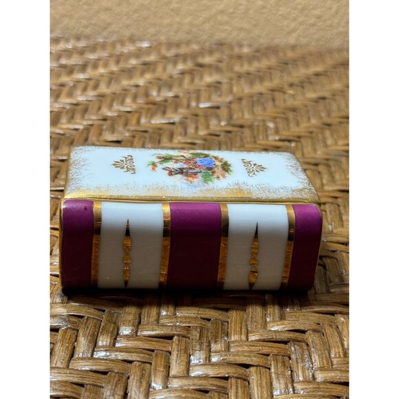 Vintage F Lamoge Porcelain Book Lided Trinket Box Gold Detailing & Romantic - Picture 3 of 10